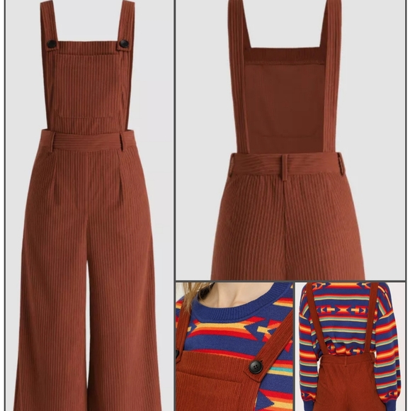 Burnt Orange Corduroy Jumpsuit Overalls Wide Leg XL - Picture 2 of 13